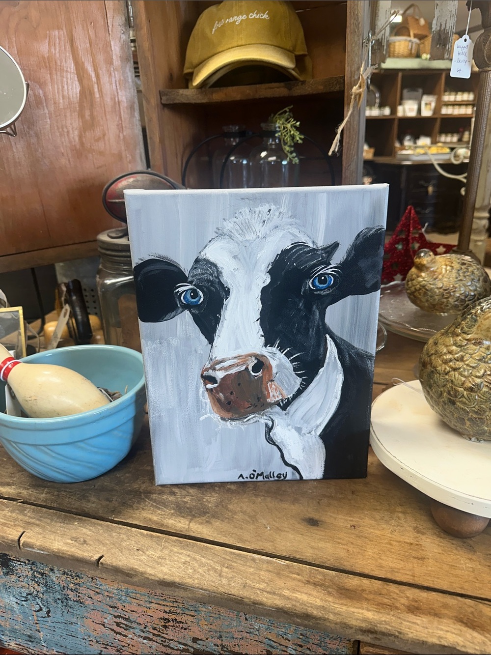 Hand-Painted Cow Canvas Art - Black & White with Blue Eyes